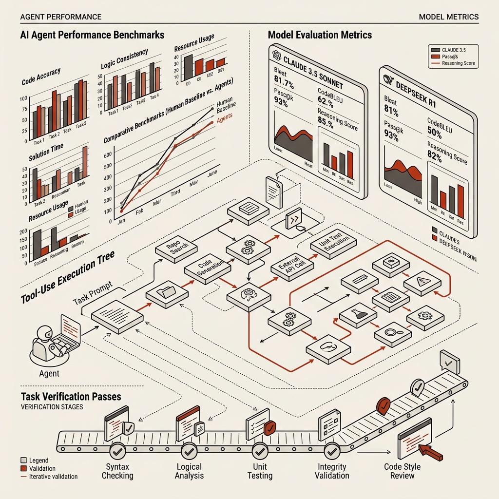 Technical minimalist isometric schematic diagram representing AI coding agent performance benchmarks, model evaluation metrics, tool-use execution trees, and task verification passes on a warm off-white background