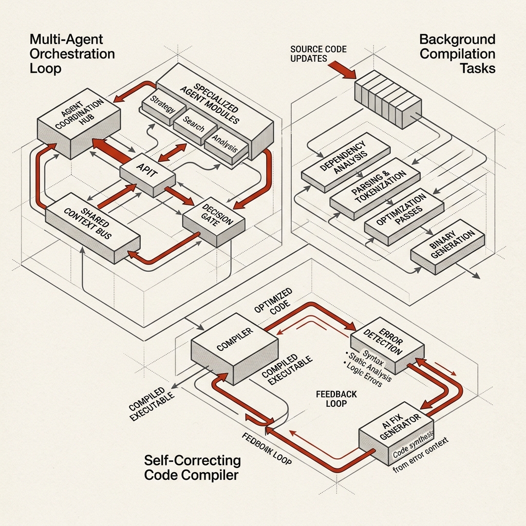 Technical minimalist isometric schematic diagram representing multi-agent orchestration loops, background compilation tasks, and a self-correcting code compiler on a warm cream background