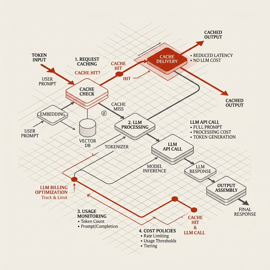 Technical minimalist isometric schematic diagram representing AI token flow, cache hitting, and LLM billing cost optimization nodes on a warm gray background