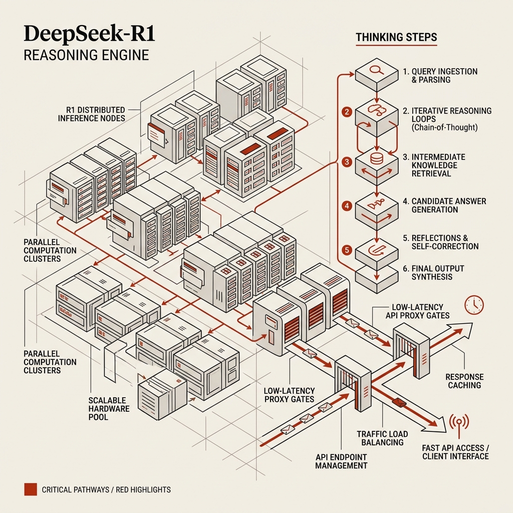 Technical minimalist isometric schematic diagram representing DeepSeek-R1 reasoning engine, thinking steps, and low-latency API proxy gates on a warm off-white background