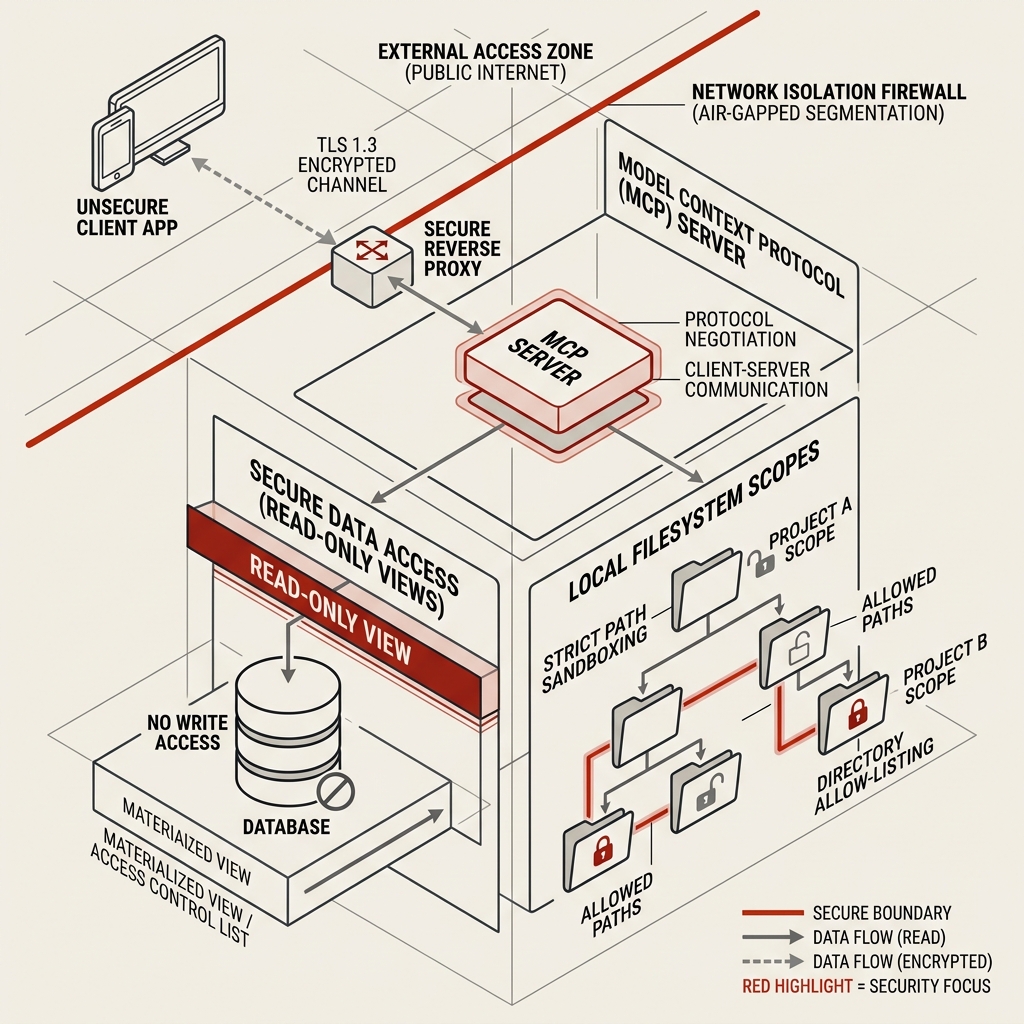 Technical minimalist isometric schematic diagram representing secure network isolation, Model Context Protocol client-server architecture, read-only database views, and secure local filesystem scopes on a warm gray background