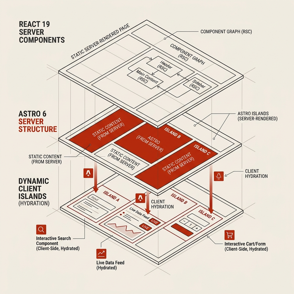 Technical minimalist isometric schematic diagram representing React 19 server components, Astro 6 server islands rendering layers, and dynamic client islands on a warm off-white background