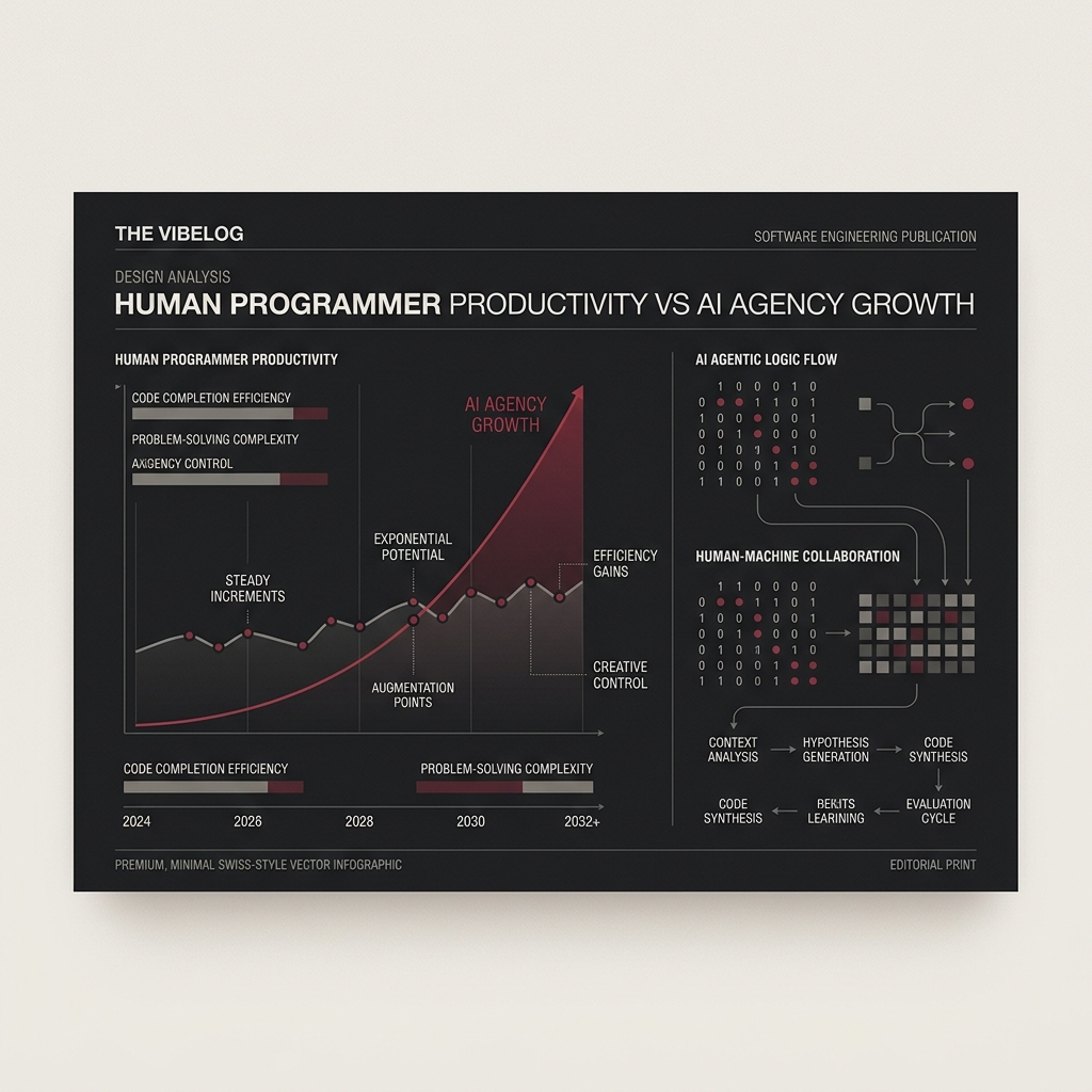 An abstract technical infographic chart representing Human Programmer Productivity vs AI Agentic Logic Flow on a dark gray layout