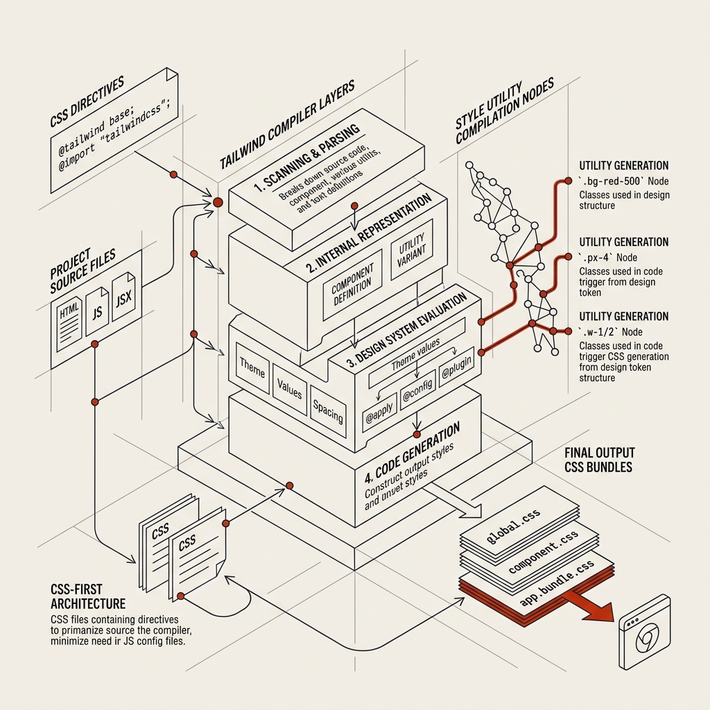 Technical minimalist isometric schematic diagram representing Tailwind CSS v4 compiler layers, style utility compilation nodes, CSS-first architecture directives, and output CSS bundles on a warm off-white background
