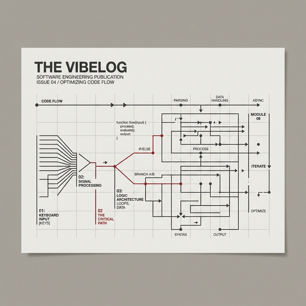 Technical schematic diagram showing input keys, signal processing critical paths, logic architectures, and output loops on a warm gray page
