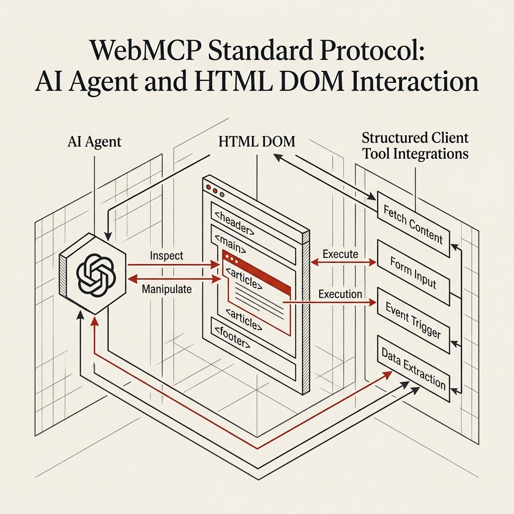 Technical minimalist isometric schematic diagram representing WebMCP standard protocols, AI agent connecting to HTML elements, and structured client tool integrations on a warm off-white background